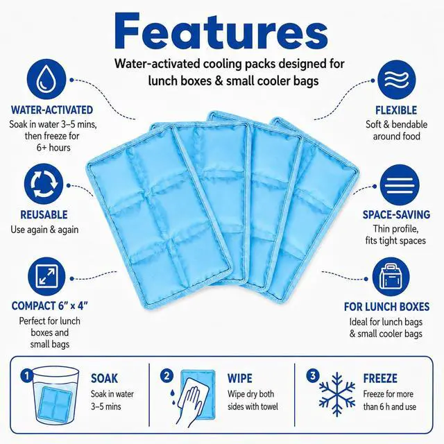 Alt view image 4 of 7 - 4Pcs Reusable UltraThin Ice Packs for Lunch Boxes & Cooler, 6"x4"x0.7" Leakproof Foldable Cooling Packs, SpaceSaving Cold Packs for Food Storage, Picnic (Light Blue)