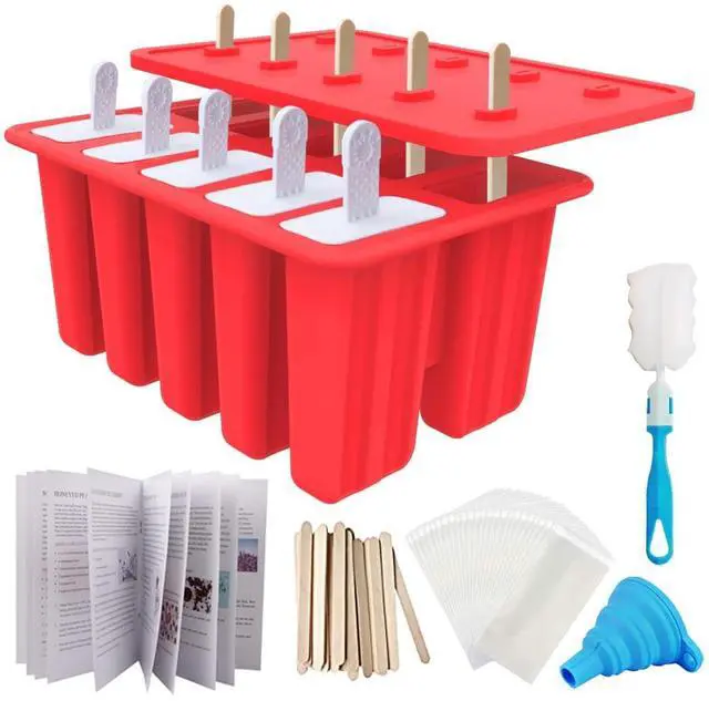 Main image of Homemade Popsicle Molds, 10-Cav Non-BPA Silicone Ice Pop Maker, with 50 Sticks, 50 Bags, 10 Reusable Sticks, Funnel, Brush and Ice Pop Recipe (Red)