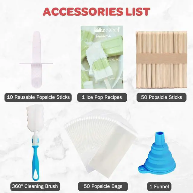 Alt view image 5 of 7 - Homemade Popsicle Molds, 10-Cav Non-BPA Silicone Ice Pop Maker, with 50 Sticks, 50 Bags, 10 Reusable Sticks, Funnel, Brush and Ice Pop Recipe (Red)