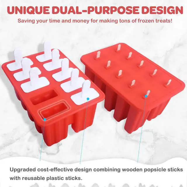 Alt view image 2 of 7 - Homemade Popsicle Molds, 10-Cav Non-BPA Silicone Ice Pop Maker, with 50 Sticks, 50 Bags, 10 Reusable Sticks, Funnel, Brush and Ice Pop Recipe (Red)