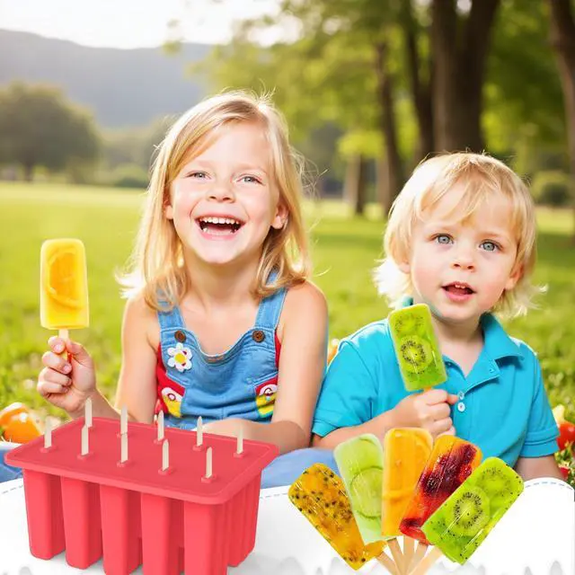 Alt view image 6 of 7 - Homemade Popsicle Molds, 10-Cav Non-BPA Silicone Ice Pop Maker, with 50 Sticks, 50 Bags, 10 Reusable Sticks, Funnel, Brush and Ice Pop Recipe (Red)