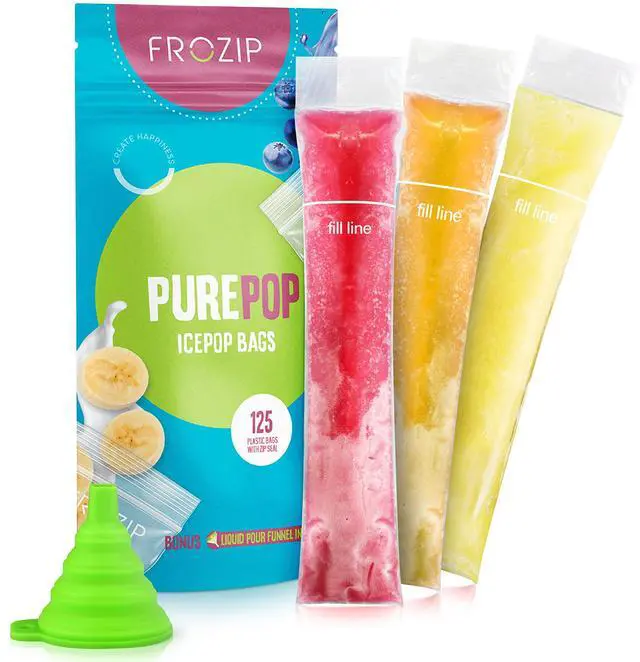 Main image of 125 Disposable Ice Popsicle Mold Bags| BPA Free Freezer Tubes With Zip Seals | For Healthy Snacks, Yogurt Sticks, Juice & Fruit Smoothies, Ice Candy Pops| Comes With A Funnel (8x2")