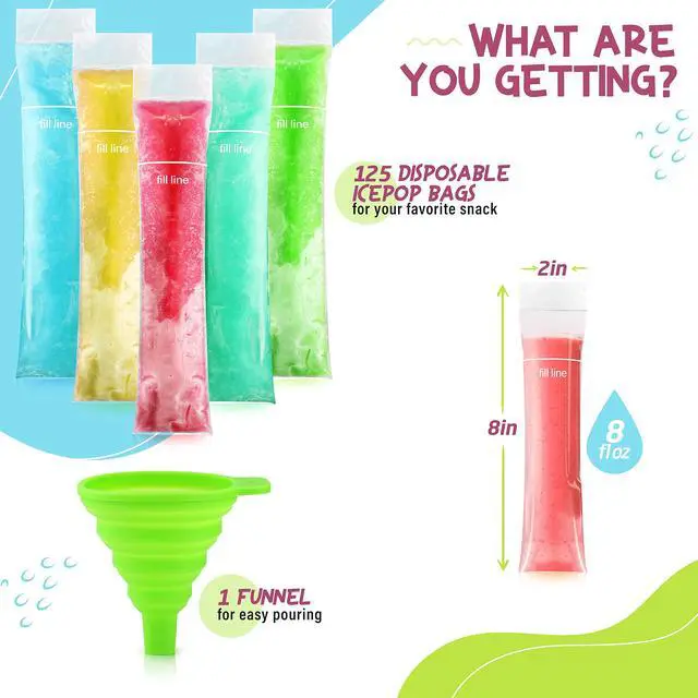 Alt view image 2 of 6 - 125 Disposable Ice Popsicle Mold Bags| BPA Free Freezer Tubes With Zip Seals | For Healthy Snacks, Yogurt Sticks, Juice & Fruit Smoothies, Ice Candy Pops| Comes With A Funnel (8x2")