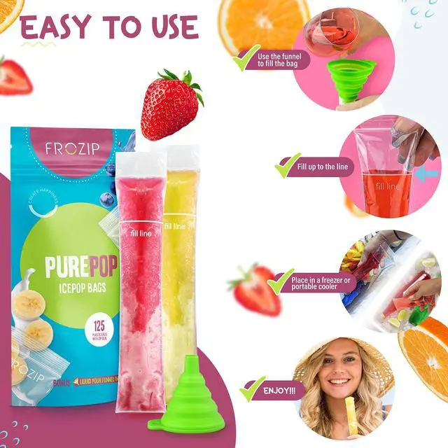 Alt view image 6 of 6 - 125 Disposable Ice Popsicle Mold Bags| BPA Free Freezer Tubes With Zip Seals | For Healthy Snacks, Yogurt Sticks, Juice & Fruit Smoothies, Ice Candy Pops| Comes With A Funnel (8x2")