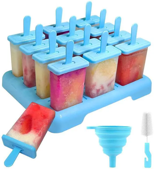 Main image of 12 Cavities Popsicles Molds, BPA-Free Popsicle Molds with Built-in Popsicle Stick, DIY Popsicle Molds with Cleaning Brush and Funnel