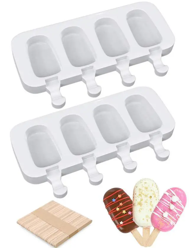 Main image of Popsicle Molds Set of 2, Ice Pop Molds Silicone 4 Cavities Ice Cream Oval Cake Pop Mold with 50 Wooden Sticks for DIY Popsicle, Clear