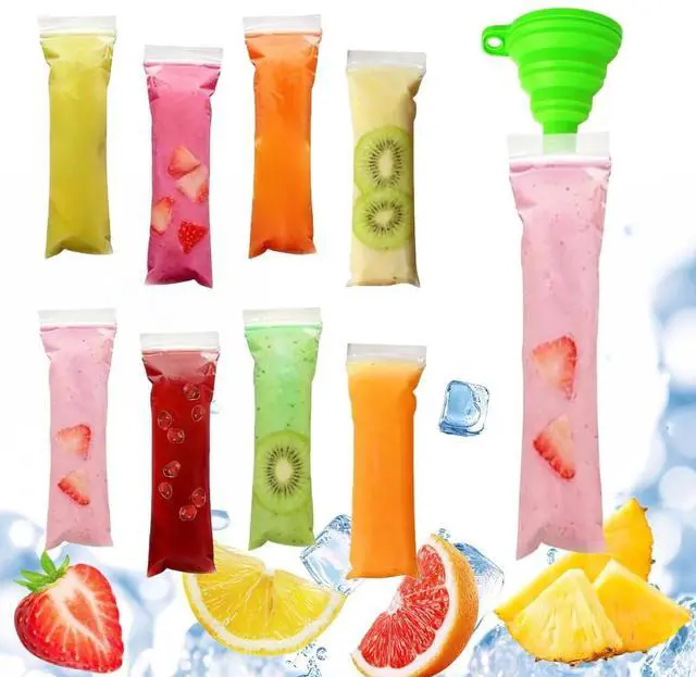 Main image of 200 packs of disposable ice pops molds with funnels, for making homemade yogurt, juice and smoothie popsicles