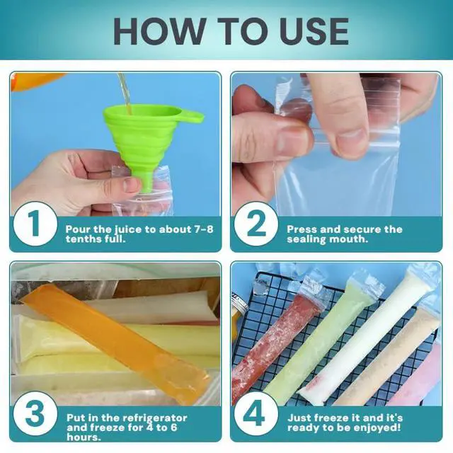 Alt view image 3 of 7 - 200 packs of disposable ice pops molds with funnels, for making homemade yogurt, juice and smoothie popsicles