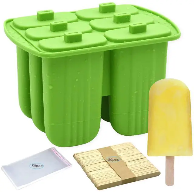 Main image of Popsicle Molds,6 Pieces Popsicles Molds Silicone BPA Free,Homemade Popsicle Maker,Reusable Easy Release Ice Pop Molds for Kids Adults,with 50 Popsicle Sticks and 50 Popsicle Bags(Green)