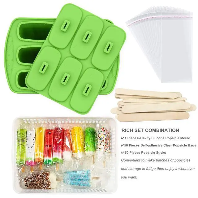 Alt view image 6 of 7 - Popsicle Molds,6 Pieces Popsicles Molds Silicone BPA Free,Homemade Popsicle Maker,Reusable Easy Release Ice Pop Molds for Kids Adults,with 50 Popsicle Sticks and 50 Popsicle Bags(Green)