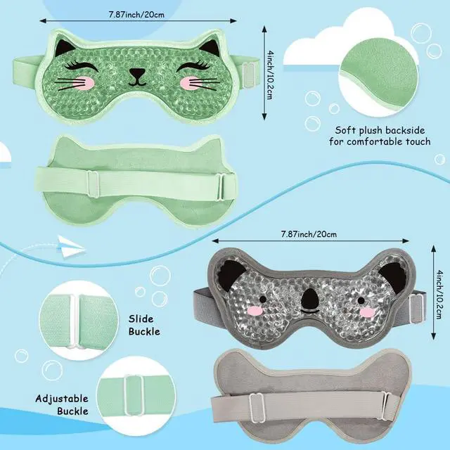 Alt view image 4 of 7 - Kids Ice Packs 2 Packs Cooling Eye Mask with Soft Plush Backing for Children Boo Boos Sinus Headache Fever Patch for Kids (Green+Grey)