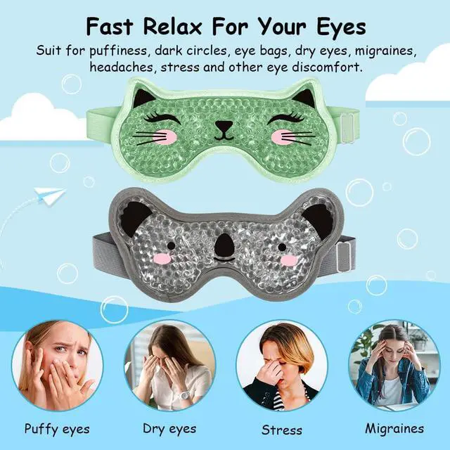 Alt view image 7 of 7 - Kids Ice Packs 2 Packs Cooling Eye Mask with Soft Plush Backing for Children Boo Boos Sinus Headache Fever Patch for Kids (Green+Grey)