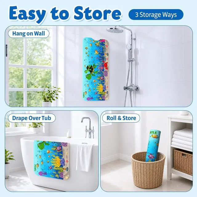Alt view image 6 of 7 - Baby Bath Mat for Tub Non Slip Kids Bath Mat - 40''x16'' Extra Long Cartoon Bathtub Mat Non Slip Kids Shower Mat Eco-Friendly Toddler Bath Mats with Suction Cups, Machine Washable, Sea Turtle