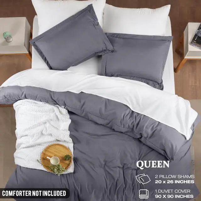 Alt view image 2 of 7 - Duvet Cover Queen Size - 3 Piece with Zipper Closure - 1 Comforter Cover 90X90 Inches & 2 Pillow Shams 20X26 Inches (Grey) Comforter Not Included