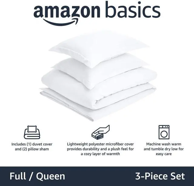 Alt view image 2 of 6 - Lightweight Wrinkle-Resistant Microfiber 3 Piece Duvet Cover Set with Zipper Closure, Full/Queen, Bright White