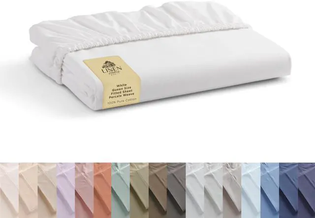 Main image of 100% Cotton Percale Weave Fitted Sheet, Queen Size, White, 1 Deep Pocket Fitted Sheet, Fits Mattress Upto 16" Crisp and Cool Strong Bed Linen, 60"X80"+15"