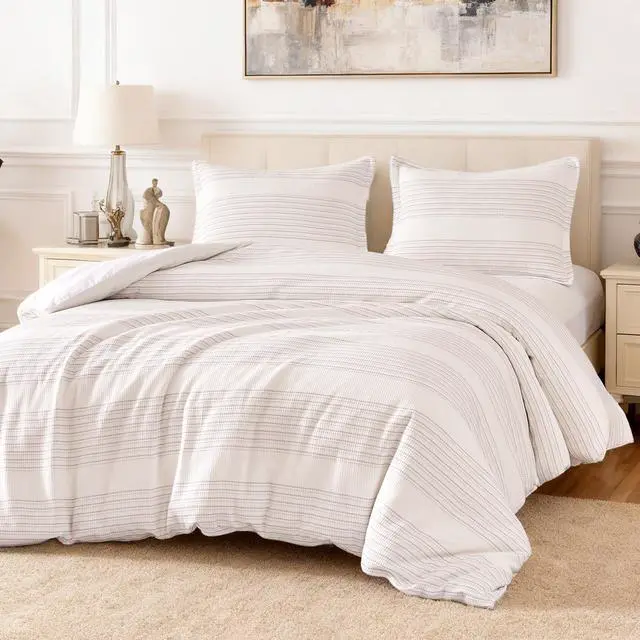 Main image of Duvet Cover Waffle Weave 3-Piece Cotton-Like Soft Bedding Set, with 1 Duvet Cover with Zipper and 2 Pillow Shams, Comforter Not Included, Queen, Dark Grey Striped