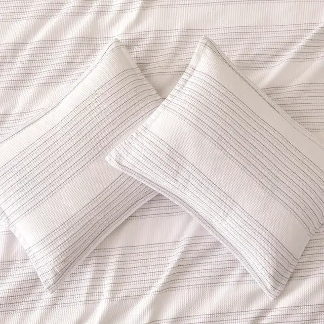 Alt view image 3 of 7 - Duvet Cover Waffle Weave 3-Piece Cotton-Like Soft Bedding Set, with 1 Duvet Cover with Zipper and 2 Pillow Shams, Comforter Not Included, Queen, Dark Grey Striped