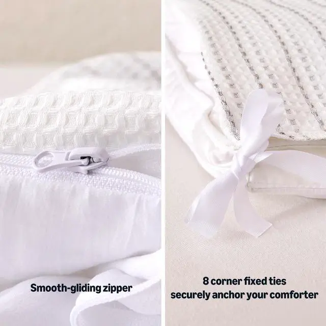 Alt view image 5 of 7 - Duvet Cover Waffle Weave 3-Piece Cotton-Like Soft Bedding Set, with 1 Duvet Cover with Zipper and 2 Pillow Shams, Comforter Not Included, Queen, Dark Grey Striped