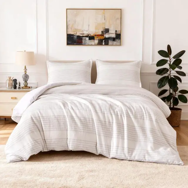 Alt view image 2 of 7 - Duvet Cover Waffle Weave 3-Piece Cotton-Like Soft Bedding Set, with 1 Duvet Cover with Zipper and 2 Pillow Shams, Comforter Not Included, Queen, Dark Grey Striped