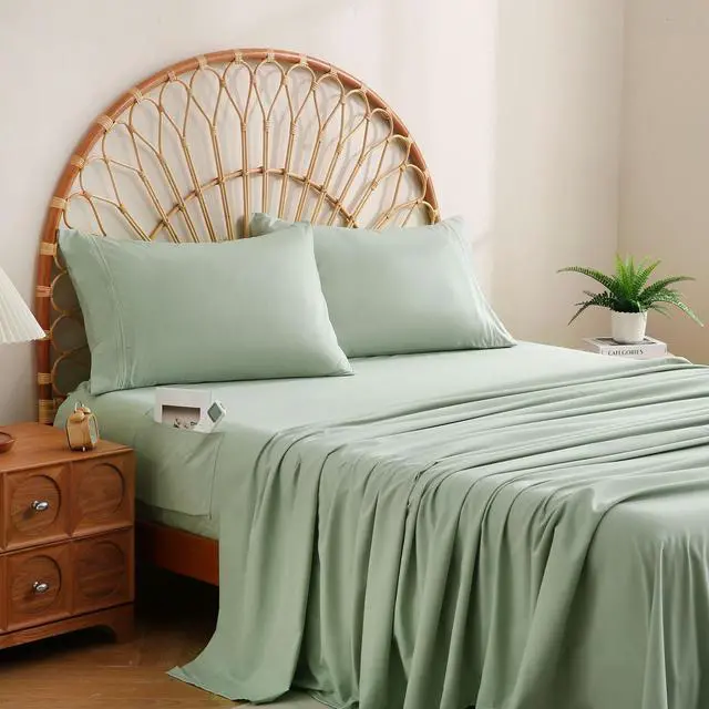 Main image of Sage Green Twin Sheet Set with Side Storage Pocket, 3 Piece Soft Kids Microfiber Bed Sheets Deep Pocket Corner Straps Oeko-Tex Certified