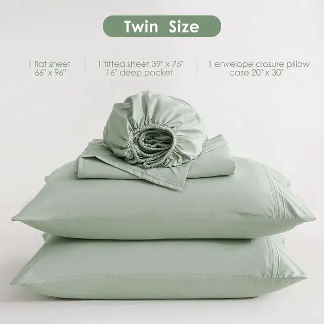 Alt view image 2 of 7 - Sage Green Twin Sheet Set with Side Storage Pocket, 3 Piece Soft Kids Microfiber Bed Sheets Deep Pocket Corner Straps Oeko-Tex Certified