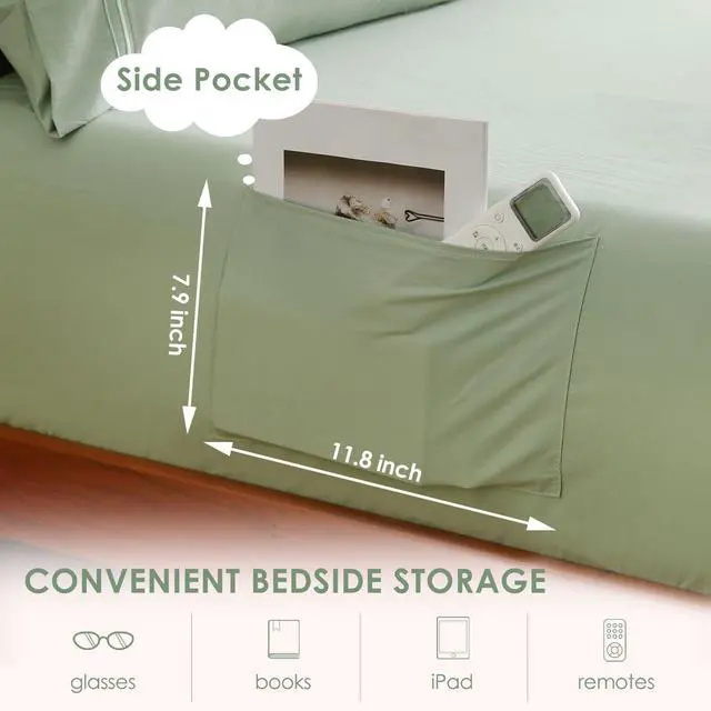 Alt view image 3 of 7 - Sage Green Twin Sheet Set with Side Storage Pocket, 3 Piece Soft Kids Microfiber Bed Sheets Deep Pocket Corner Straps Oeko-Tex Certified