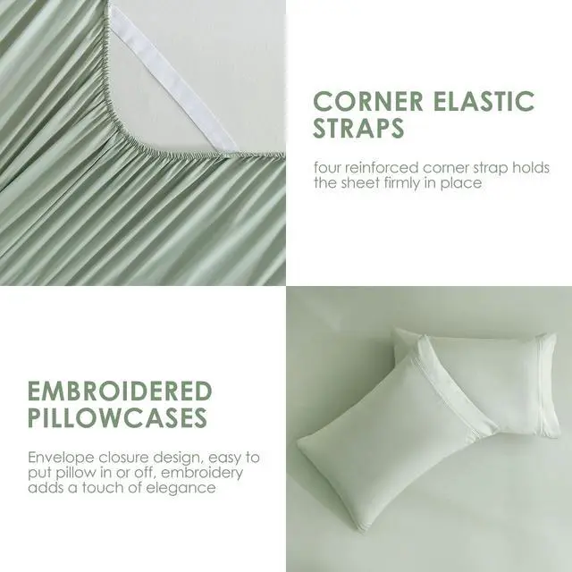 Alt view image 6 of 7 - Sage Green Twin Sheet Set with Side Storage Pocket, 3 Piece Soft Kids Microfiber Bed Sheets Deep Pocket Corner Straps Oeko-Tex Certified
