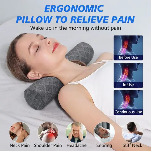 Alt view image 3 of 7 - Cervical Roll Pillow, Medium Soft Memory Foam Neck Round Pillow Cylinder Bolster Pillow for Sleeping, Round Neck Support for Bed, Legs, Back and Yoga (Grey, Large - 4.7" H)