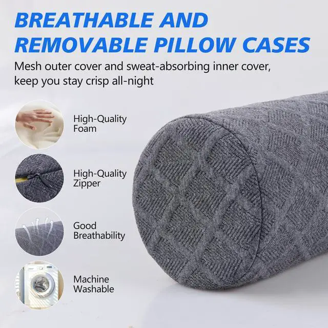 Alt view image 5 of 7 - Cervical Roll Pillow, Medium Soft Memory Foam Neck Round Pillow Cylinder Bolster Pillow for Sleeping, Round Neck Support for Bed, Legs, Back and Yoga (Grey, Large - 4.7" H)