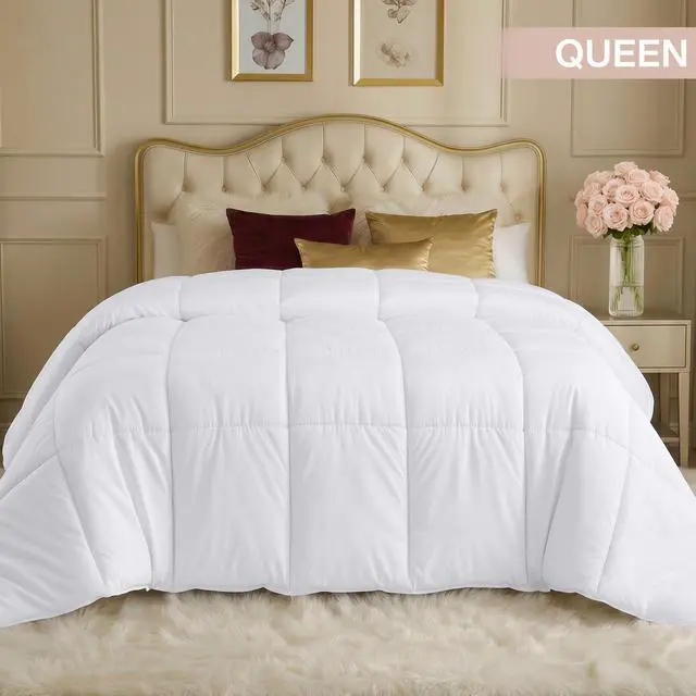 Alt view image 3 of 7 - Comforter Queen Size 88 x 88 Inches White, All Season Duvet Insert, Down Alternative Box Stitched Bed Comforter with Corner Tabs, Machine Washable