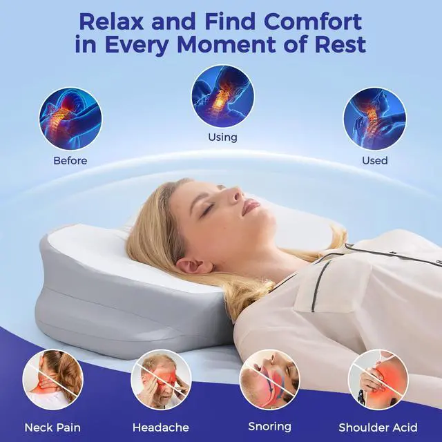 Alt view image 2 of 7 - Cervical Neck Pillow for Sleeping, Ergonomic Side Sleeper Pillow, Memory Foam Pillows for Neck and Shoulder Pain Relief, Removable Washable Cooling Cover, Grey & White