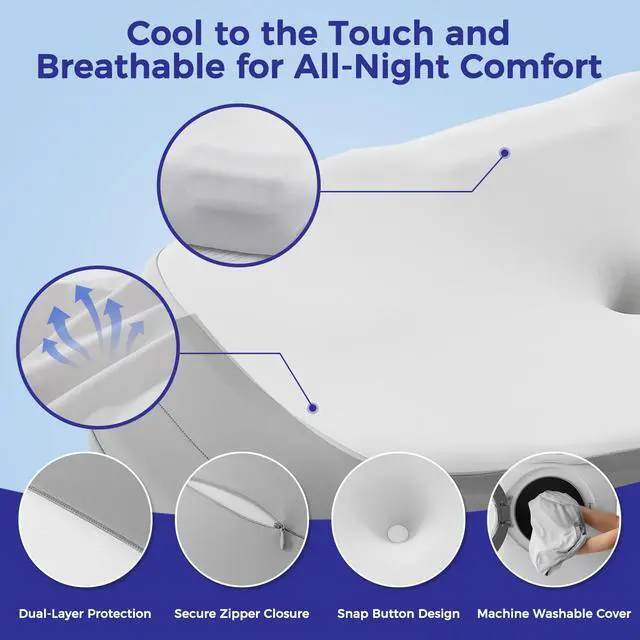 Alt view image 6 of 7 - Cervical Neck Pillow for Sleeping, Ergonomic Side Sleeper Pillow, Memory Foam Pillows for Neck and Shoulder Pain Relief, Removable Washable Cooling Cover, Grey & White