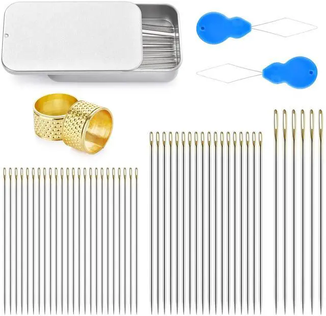 Main image of 48 Pcs Sewing Needles, Small Eye Stainless Steel Needle with Threader and Thimble, Hand Sewing Supplies for Leather Cotton Fabric Denim, Small Eye Emergency Sewing Kit not Damaging The Leather