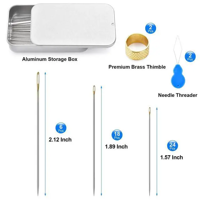 Alt view image 2 of 7 - 48 Pcs Sewing Needles, Small Eye Stainless Steel Needle with Threader and Thimble, Hand Sewing Supplies for Leather Cotton Fabric Denim, Small Eye Emergency Sewing Kit not Damaging The Leather
