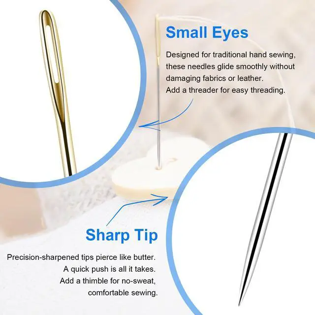 Alt view image 4 of 7 - 48 Pcs Sewing Needles, Small Eye Stainless Steel Needle with Threader and Thimble, Hand Sewing Supplies for Leather Cotton Fabric Denim, Small Eye Emergency Sewing Kit not Damaging The Leather