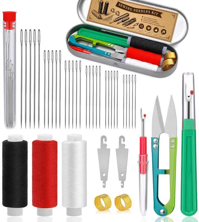 Main image of 42 PCS Big Eye Steel Sewing Needles Kit, 6 Size Steel Needles for Hand Sewing, Needle and Thread Sewing Kit with Seam Ripper, Threader, Storage Box Supplies for Repairing Quilting Embroidery Crafts