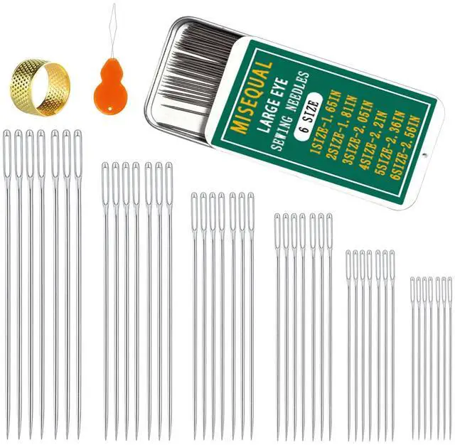 Main image of 42Pcs Large Eye Sewing Needles 6 Sizes with Threader for Embroidery