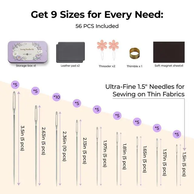 Alt view image 2 of 7 - Sewing Needles 56 PCS, Large Eye Embroidery Needles for Hand Sewing 9 Size, Hand Sewing Needles with Needle Threaders, Thimble for Crafts, Repair, Quilting (Sliver 56PCS)