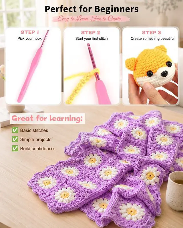 Alt view image 2 of 7 - Crochet Kit for Beginners, 59pcs Crochet Starter Kits with Yarn, Ergonomic Hooks & Storage Case, Learn-to-Crochet Set for Adults, Kids & Seniors, Ideal DIY Craft Gift for Women