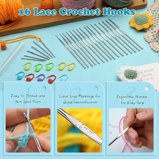 Alt view image 3 of 7 - 16 Pcs Lace Crochet Hooks Set, 0.5mm-2.5mm Small Crochet Hooks, Crochet Needles for Crocheting Yarn, Knitting Needles Set with Large-Eye Blunt Needles Stitch Markers