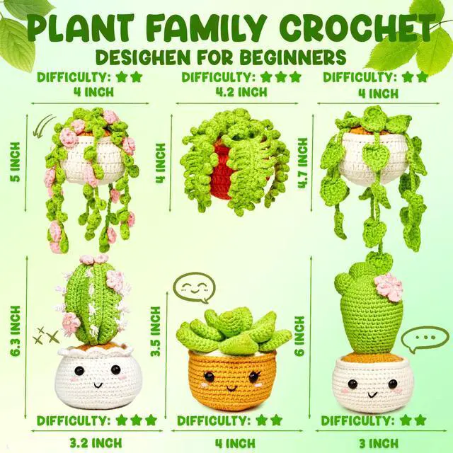 Alt view image 2 of 7 - Crochet Kit for Beginners, Crochet Starter Kits, Amigurumi Craft Knitting Crocheting Kits with Step-by-Step Video Tutorials, 6 Pack Hanging Potted Plants Family(40%+ Yarn