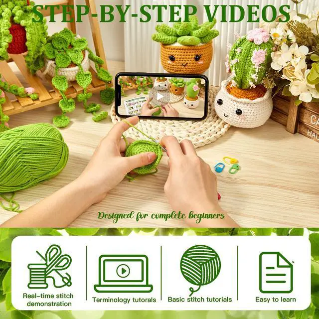 Alt view image 4 of 7 - Crochet Kit for Beginners, Crochet Starter Kits, Amigurumi Craft Knitting Crocheting Kits with Step-by-Step Video Tutorials, 6 Pack Hanging Potted Plants Family(40%+ Yarn