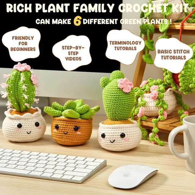 Alt view image 5 of 7 - Crochet Kit for Beginners, Crochet Starter Kits, Amigurumi Craft Knitting Crocheting Kits with Step-by-Step Video Tutorials, 6 Pack Hanging Potted Plants Family(40%+ Yarn