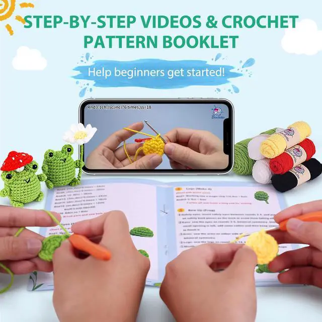 Alt view image 3 of 6 - Crochet Kit for Beginners, Beginner Crochet Animal Kits for Adults with Step-by-Step Video Tutorials, DIY Knitting & Crocheting Craft Hobbies Supplies, 2 Pack Frog Amigurumi(40%+ Yarn)