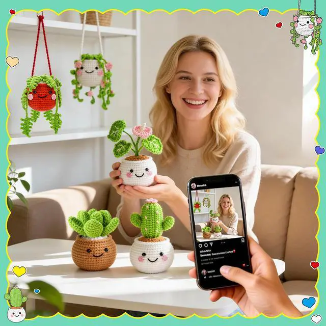 Alt view image 6 of 7 - Crochet Kit for Beginners Crochet Starter Kits for Adults with Step by Step Video Amigurumi Kit, 6 Pcs Fake Hanging Potted Plants Family, DIY Craft Gifts for Crocheting Lovers Mother Teacher