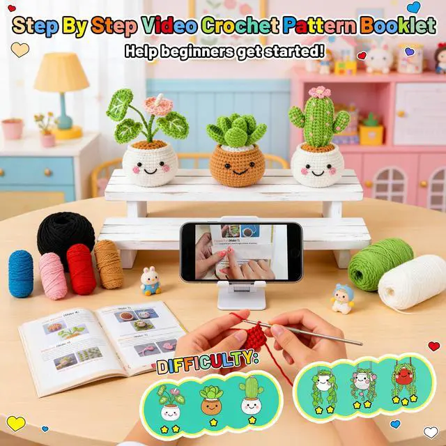 Alt view image 7 of 7 - Crochet Kit for Beginners Crochet Starter Kits for Adults with Step by Step Video Amigurumi Kit, 6 Pcs Fake Hanging Potted Plants Family, DIY Craft Gifts for Crocheting Lovers Mother Teacher
