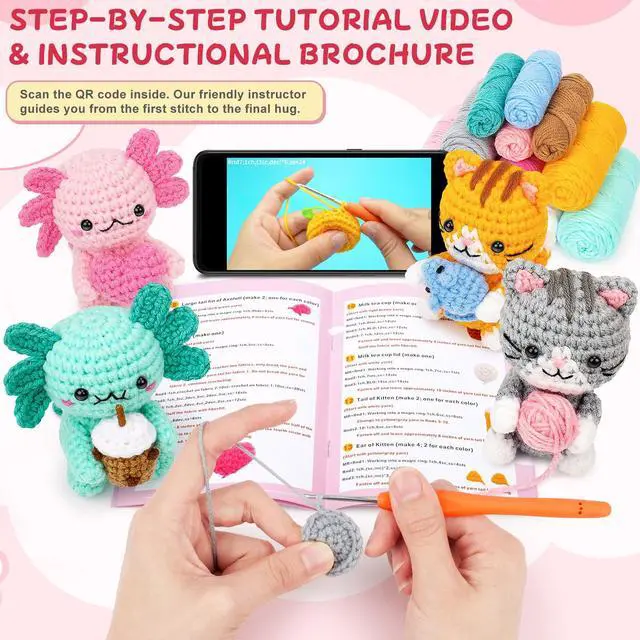 Alt view image 2 of 7 - Crochet Kit for Beginners, Axolotls & Cat Crochet Kit for Adults Beginner, Complete Crochet Animals Starter Kit with Step-by-Step Video Tutorials, Easy Knitting Kit Cat Crafts Gifts