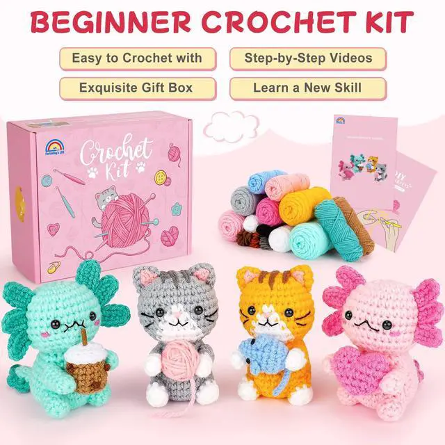Alt view image 5 of 7 - Crochet Kit for Beginners, Axolotls & Cat Crochet Kit for Adults Beginner, Complete Crochet Animals Starter Kit with Step-by-Step Video Tutorials, Easy Knitting Kit Cat Crafts Gifts
