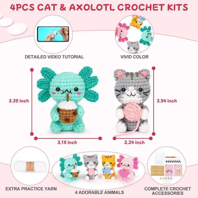 Alt view image 4 of 7 - Crochet Kit for Beginners, Axolotls & Cat Crochet Kit for Adults Beginner, Complete Crochet Animals Starter Kit with Step-by-Step Video Tutorials, Easy Knitting Kit Cat Crafts Gifts